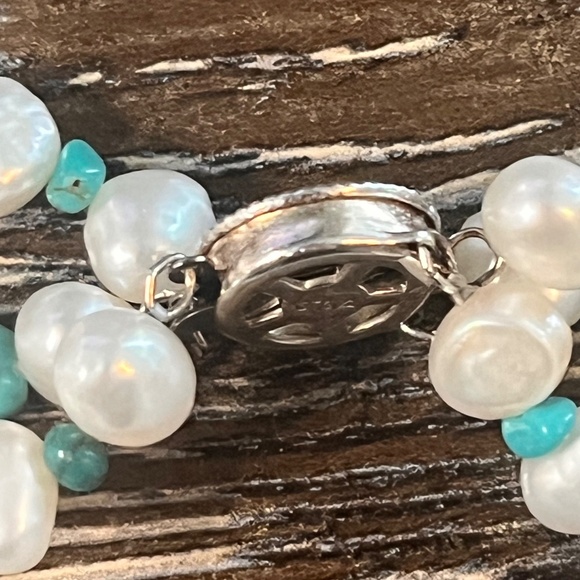 Rare Fresh Water Pearls & Turquoise Three Strand Necklace - Picture 7 of 14